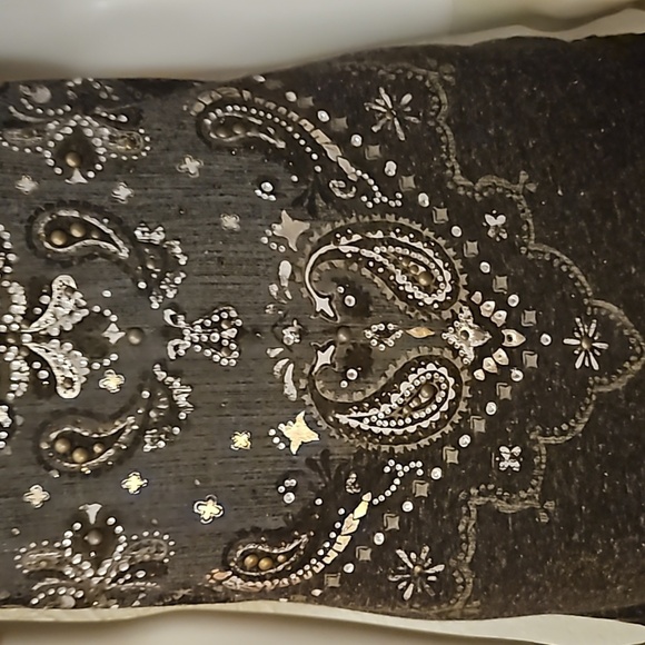 MISS ME Black Floral Paisley Bedazzled Metallic Mesh Short Sleeve Goth Tee - Picture 5 of 8